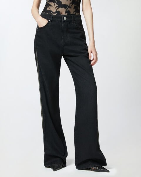 Yanları Fermuarlı Geniş Paça Denim Pantolon