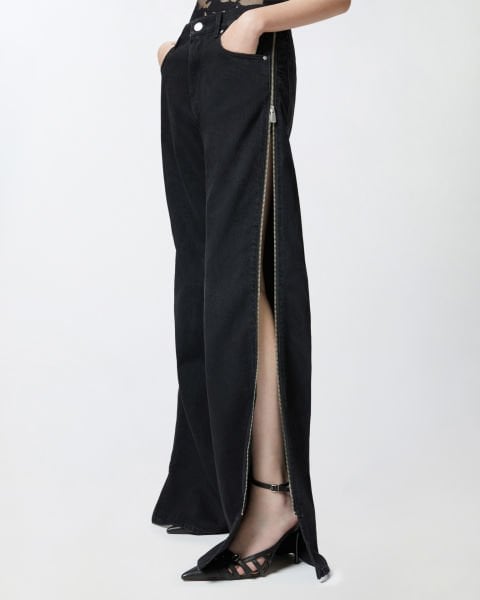 Yanları Fermuarlı Geniş Paça Denim Pantolon