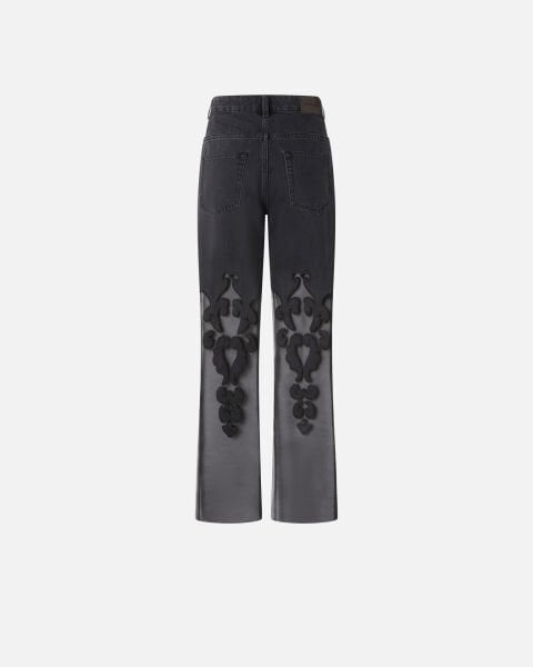 Organze Detaylı Geniş Paça Denim Pantolon