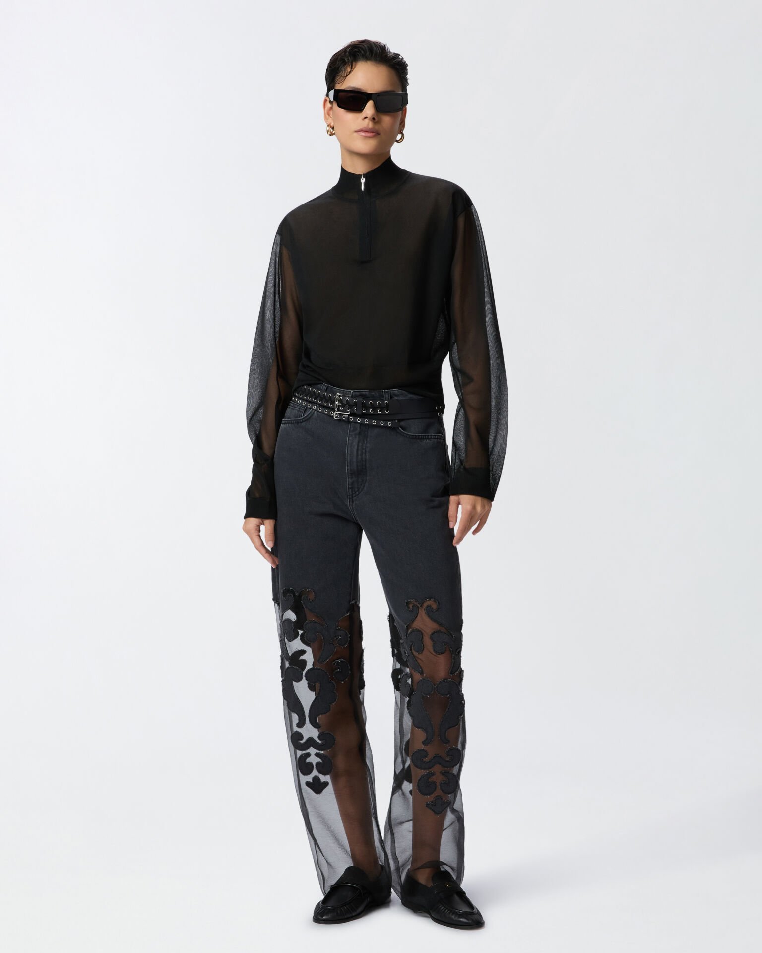 Organze Detaylı Geniş Paça Denim Pantolon