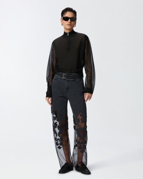 Organze Detaylı Geniş Paça Denim Pantolon
