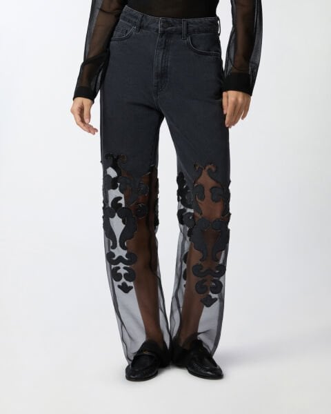 Organze Detaylı Geniş Paça Denim Pantolon
