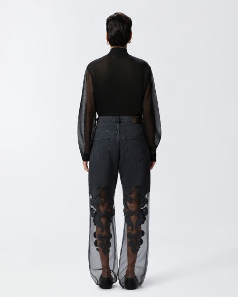 Organze Detaylı Geniş Paça Denim Pantolon