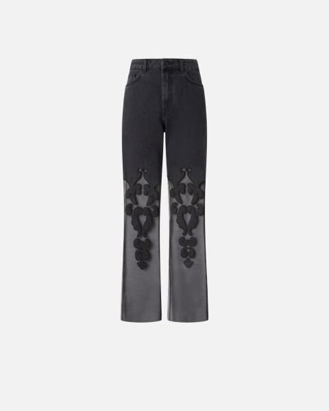 Organze Detaylı Geniş Paça Denim Pantolon
