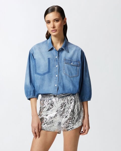 Pamuklu Balon Kollu Denim Gömlek