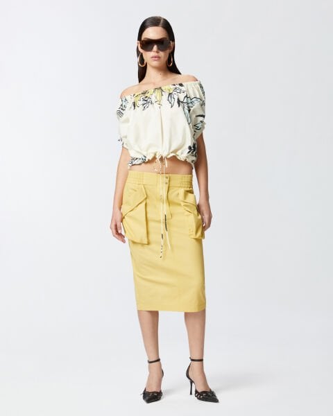 Omuzları Açık Floral Poplin Bluz