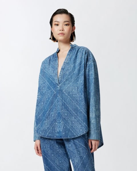 V Yaka Denim Bluz