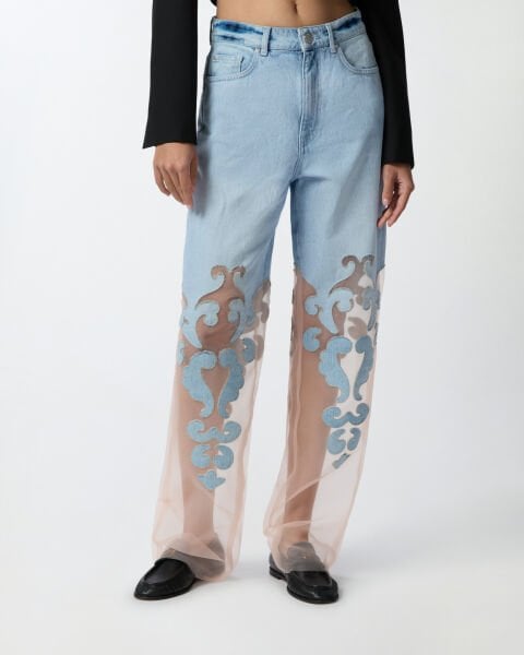Organza Detaylı Denim Pantolon