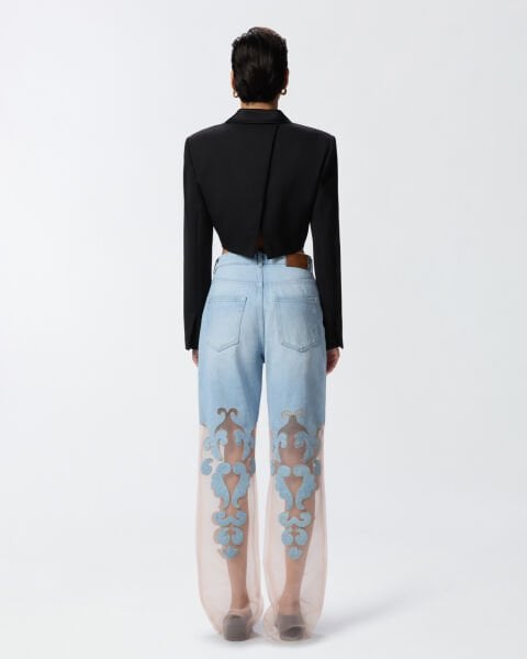 Organza Detaylı Denim Pantolon