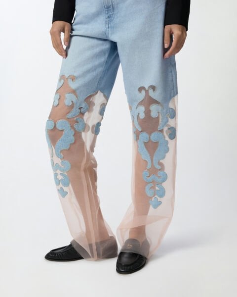 Organza Detaylı Denim Pantolon