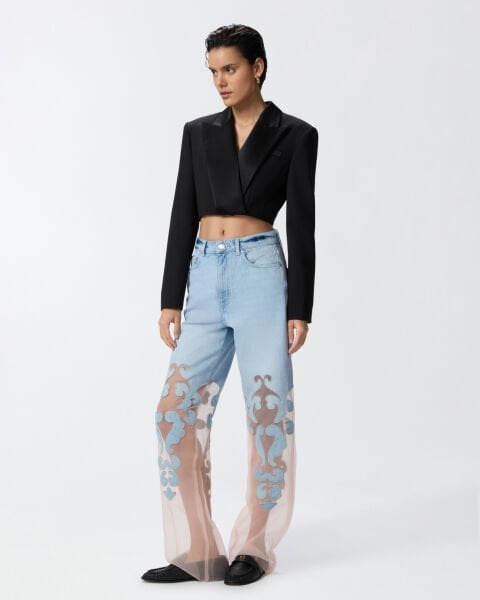 Organza Detaylı Denim Pantolon
